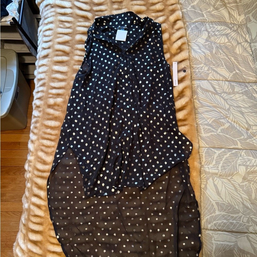 NWT Aqua Black Sheer Gold Polka Dot Sleeveless Blouse